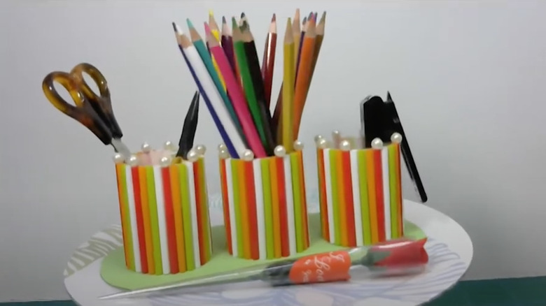 multicolored straw pencil holder