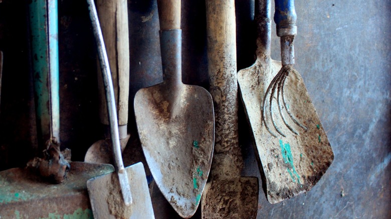 soil-stained gardening tools