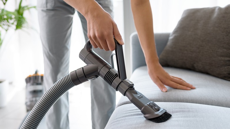 Person vacuuming couch cushions