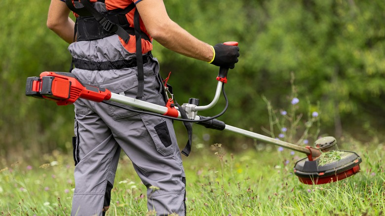 person carrying a weed whacker