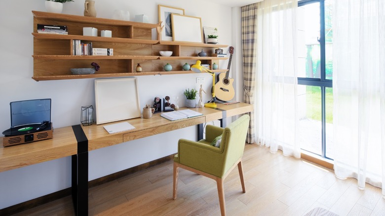 Desk and wall shelves