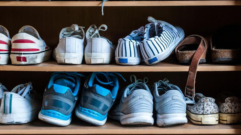 Shoe storage in a cabinet.