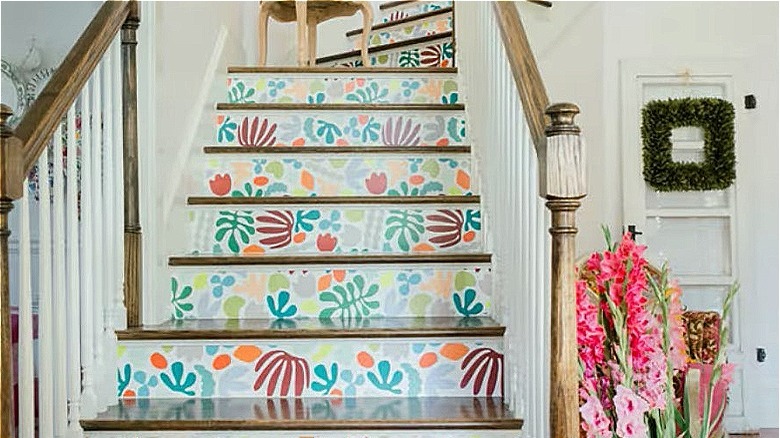 colorful wallpaper on stair risers