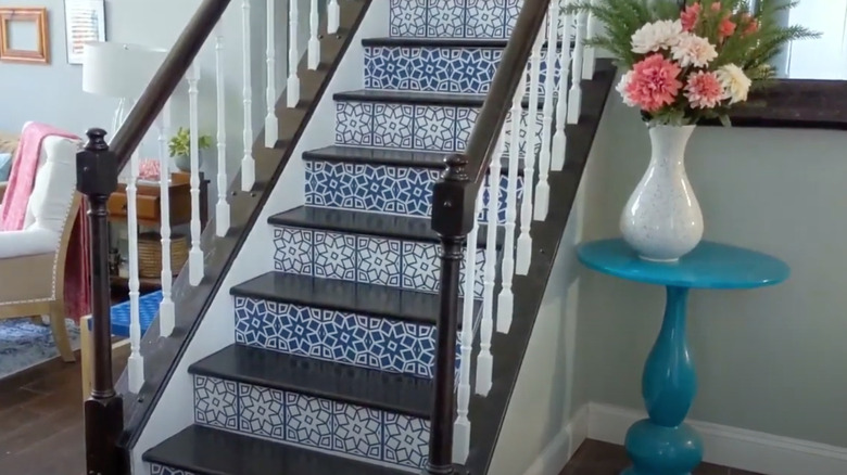 blue tile stickers on staircase