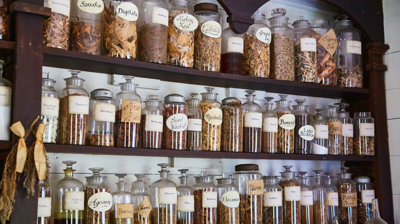 Apothecary jars filled with dried herbs on shelves