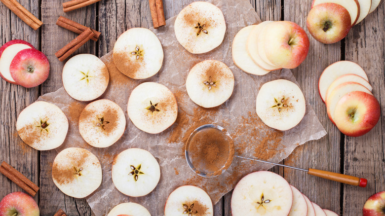 Cinnamon sprinkled on apple slices