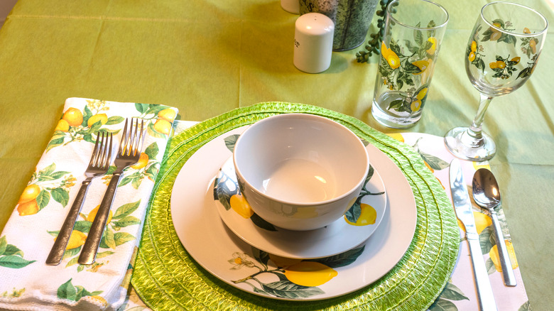 lemon napkins, plates, glasses, stemware