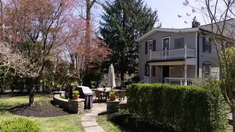 Backyard with trees and pathway