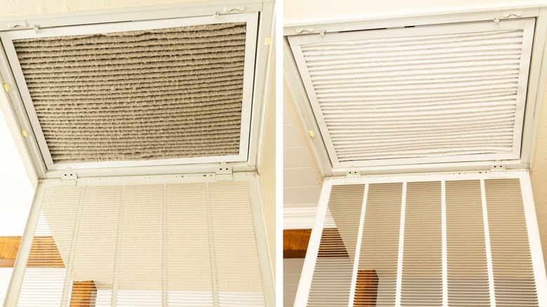 Before and after photos of a furnace filter that's been cleaned.