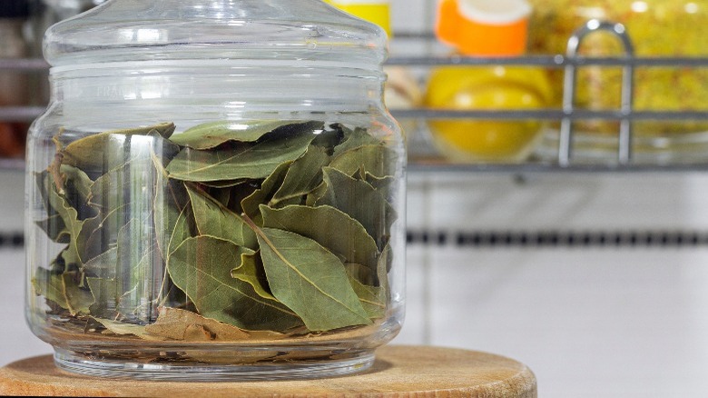 Bay leaves in woven basket