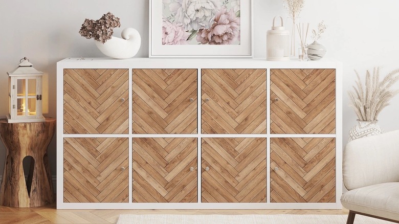 Herringbone decal on cabinet shelf inserts.