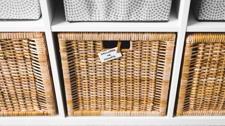 Wicker basket in IKEA cube storage.