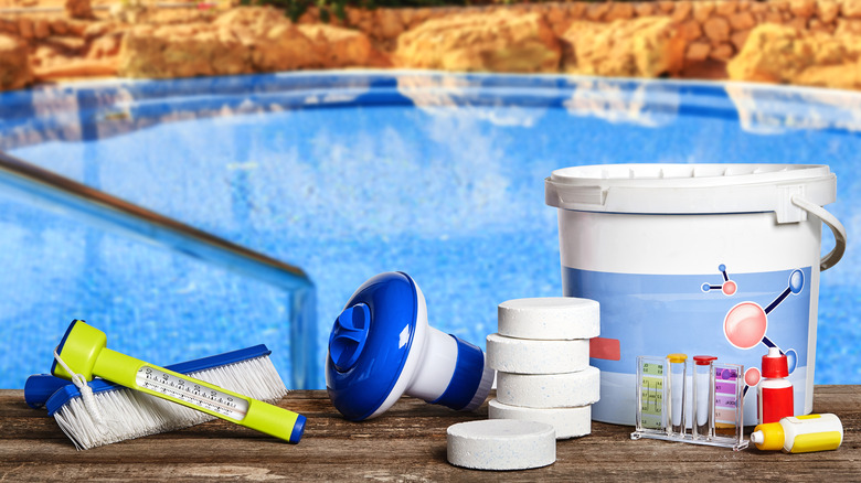 Assorted pool cleaning supplies