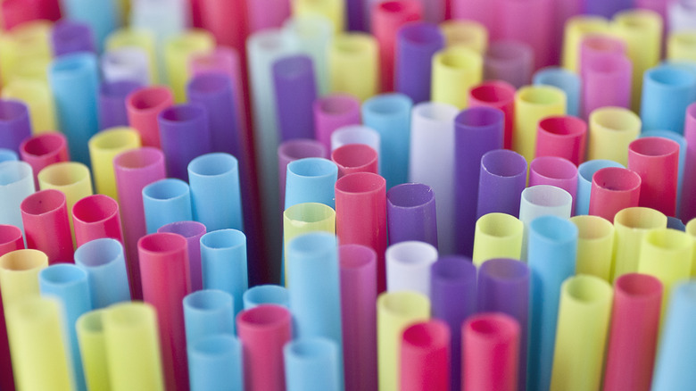 Close-up of colorful straws standing upright