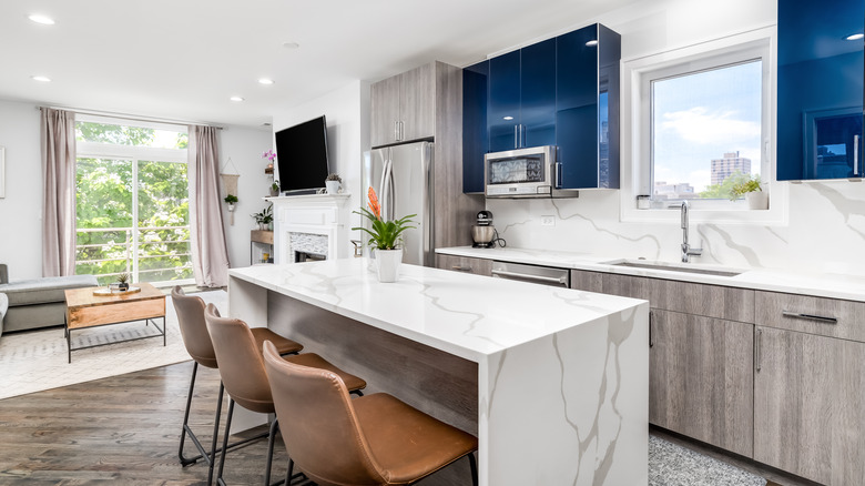 two toned blue kitchen