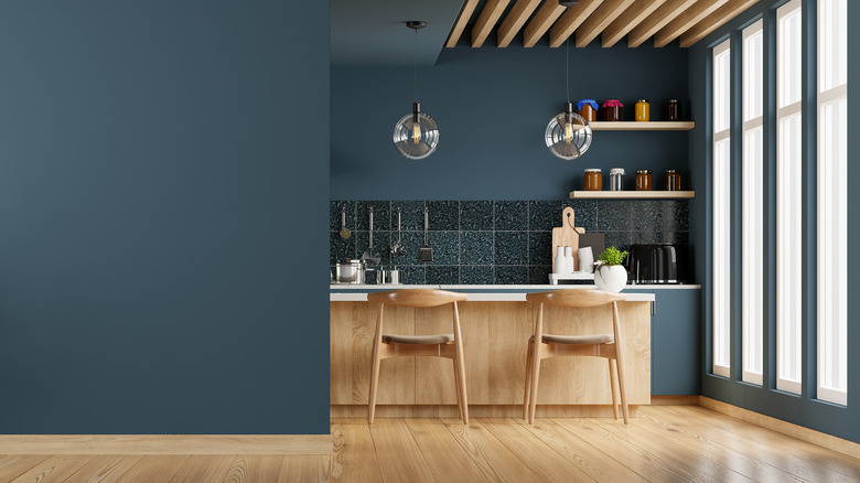 indigo walls and ceiling in wooden kitchen