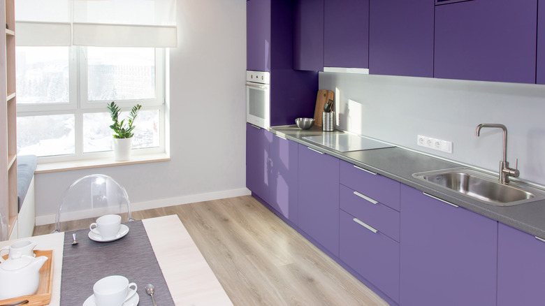 kitchen with purple cabinets