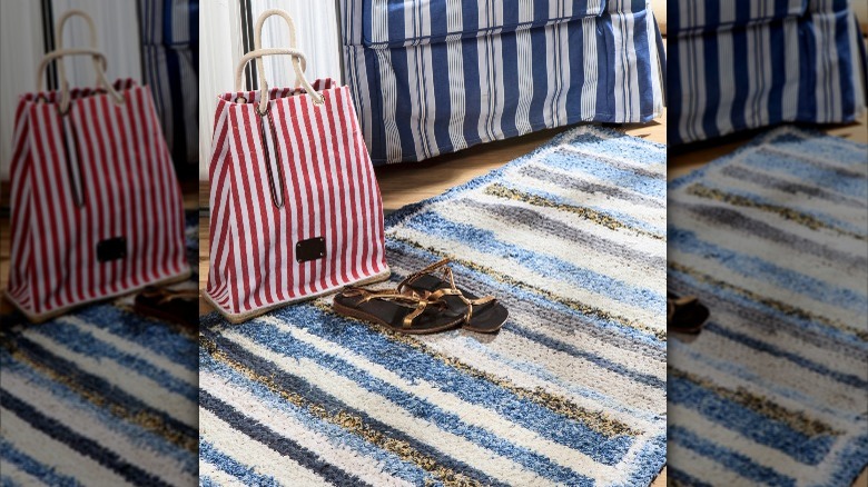 blue striped shag rug