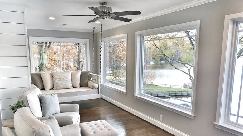 sunroom with wood paneling