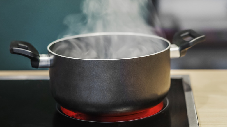 A pot of boiling water on a stove.