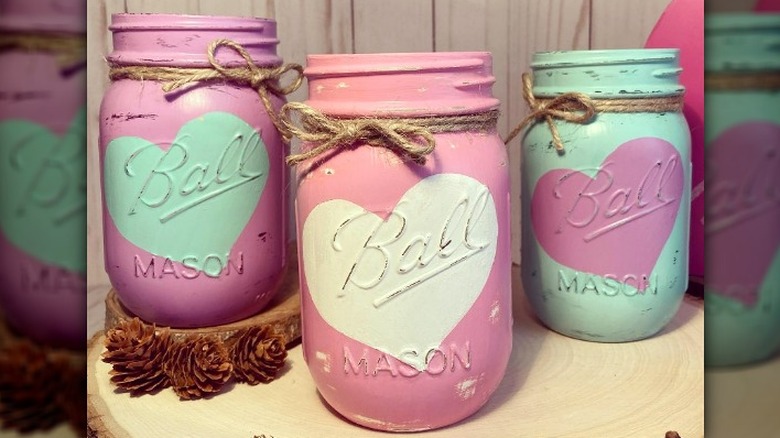 Mason jars painted with hearts