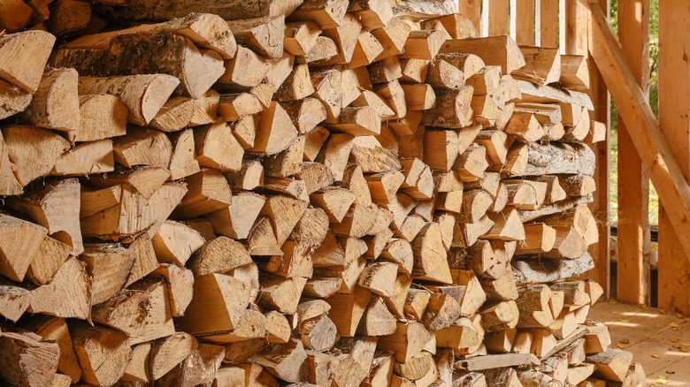 Wall of chopped firewood