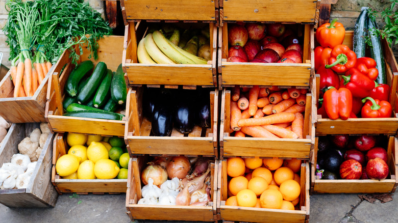 Stacked wooden fruit crates