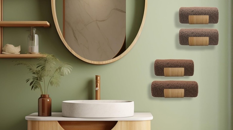 A bathroom wall with sink, mirror, and four bamboo mounted towel holders