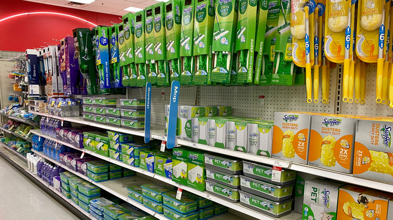 Store aisle of Swiffer products