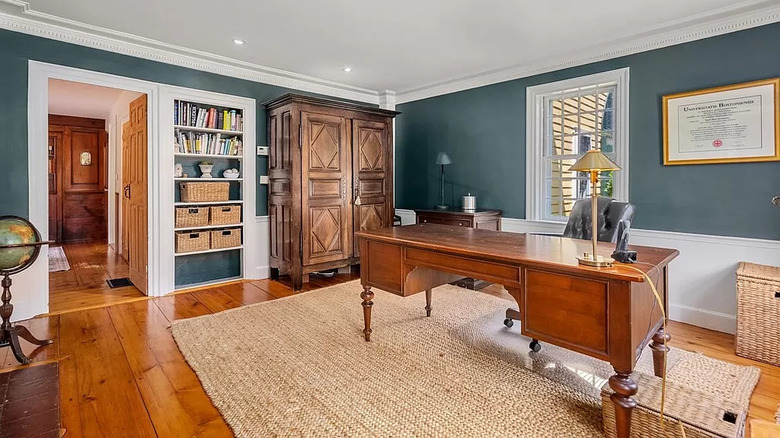 home office with blue walls