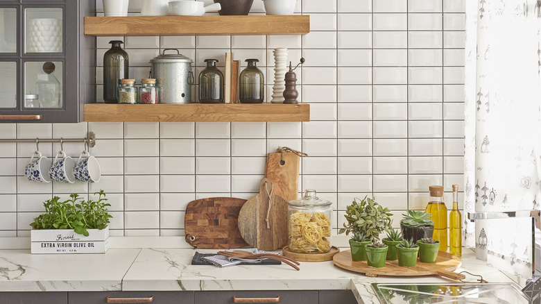 Beveled white subway tile