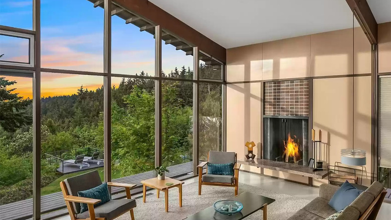 Living room with forest views