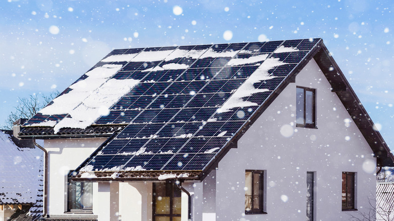 Melting snow on solar panel covered roof