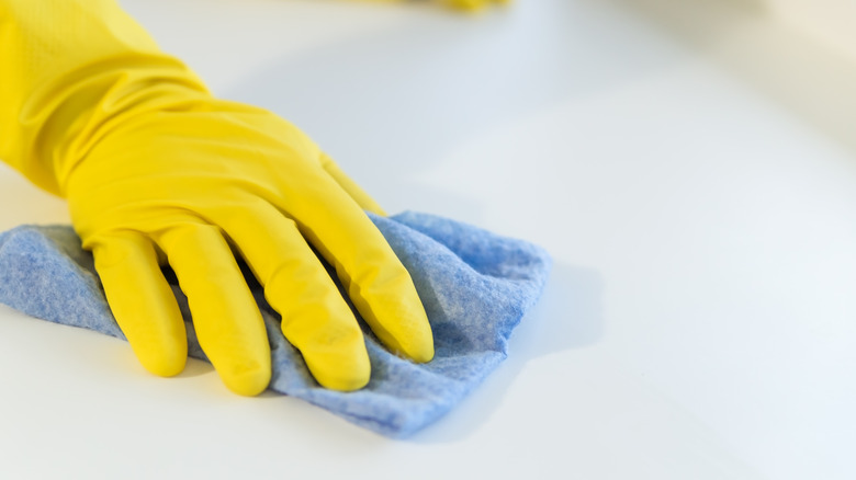 Gloved hands cleaning