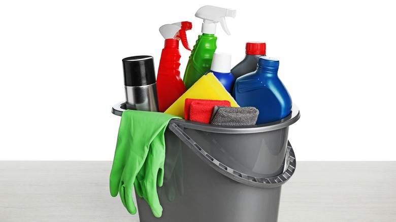 Cleaning supplies in bucket