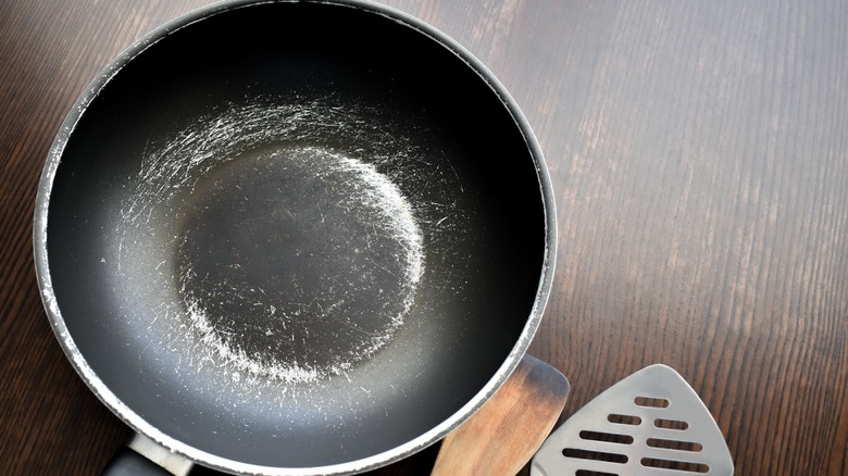 Scratched nonstick pan