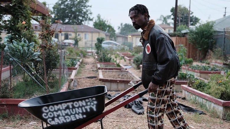 man pushing wheelbarrow in garden