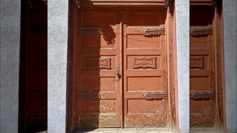 Terracotta door against gray home