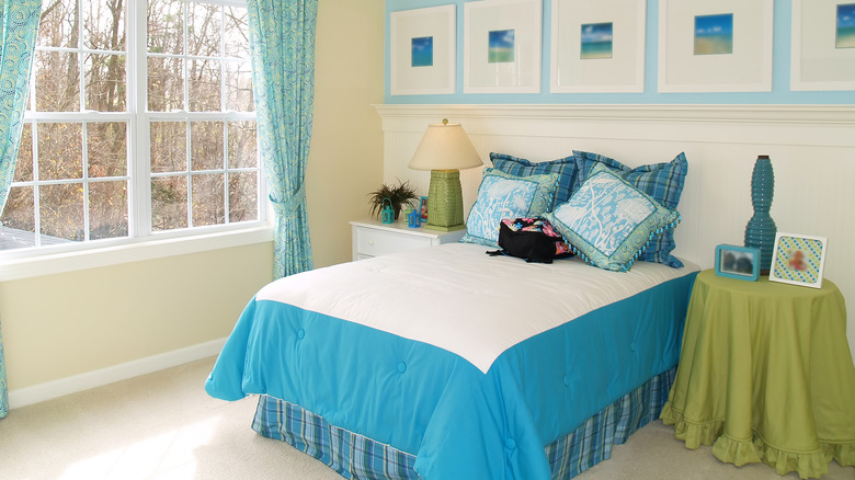 colorful bed with bed skirt