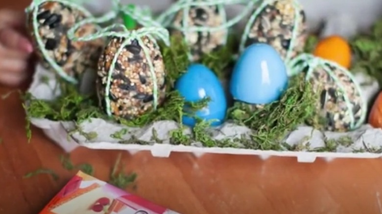 Egg box filled with plastic eggs and egg shaped birdseed hangers wrapped in twine