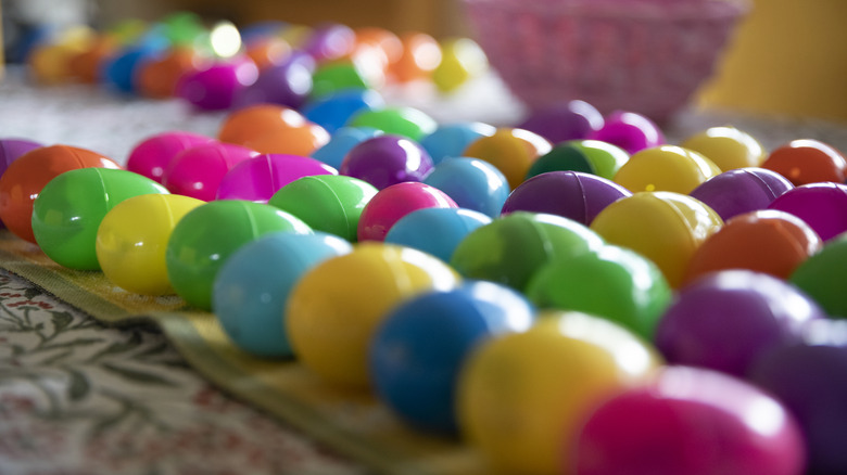 Colorful plastic Easter eggs on the counter