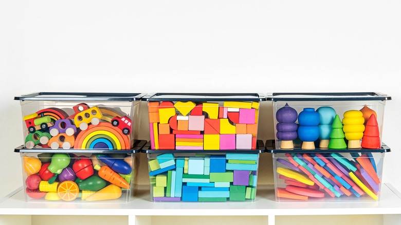 Toys in organized bins 