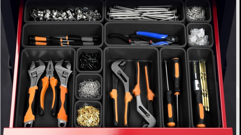 A-LUGEI organizer trays in a drawer filled with tools, nails, and screws