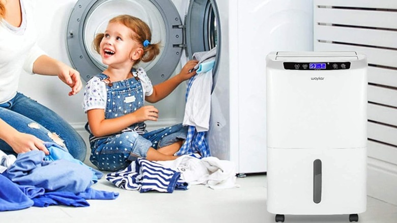 A Waykar dehumidifier in a laundry room