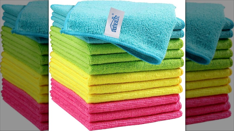 A stack of colorful microfiber cleaning towels