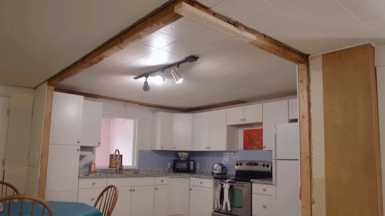 Exposed wood framing in kitchen