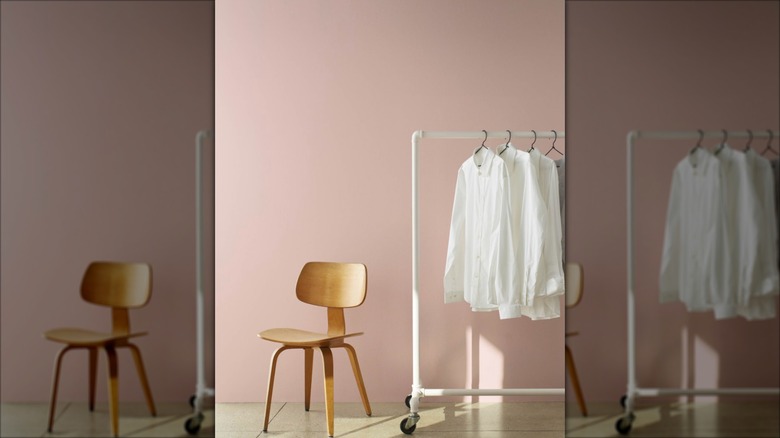 Light brown pink shade painted on a wall behind a clothing rack