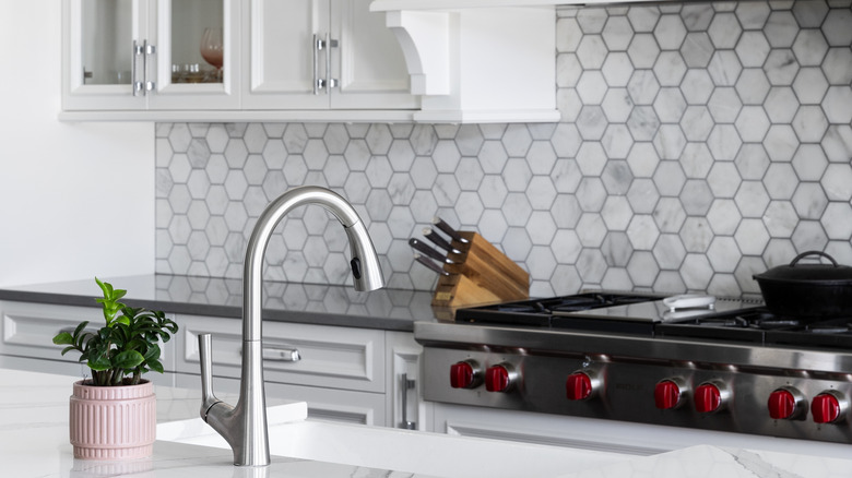 Hexagon tile backsplash in a modern kitchen