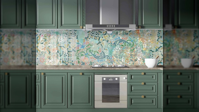 A glass art piece made for a kitchen backsplash