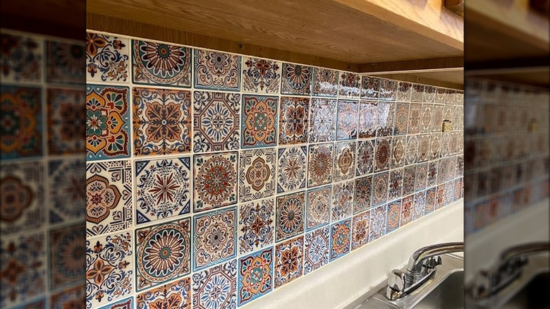 Colorful mexican peel and stick tiles as backsplash